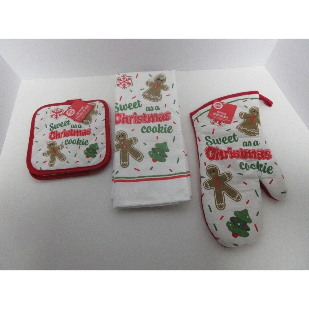 4 pc kitchen towel set (1 Kitchen Towels 1 Oven Mitt 2 Potholders Sweet Christma